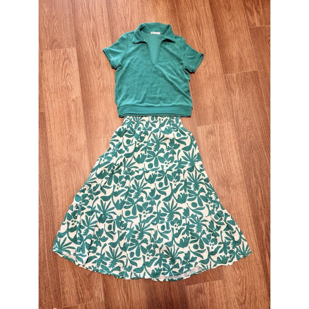 Marine Layer Skirt & Top SET Corrine Bold Teal Floral Gauze Tiered Maxi Sz XS-S - Picture 2 of 13